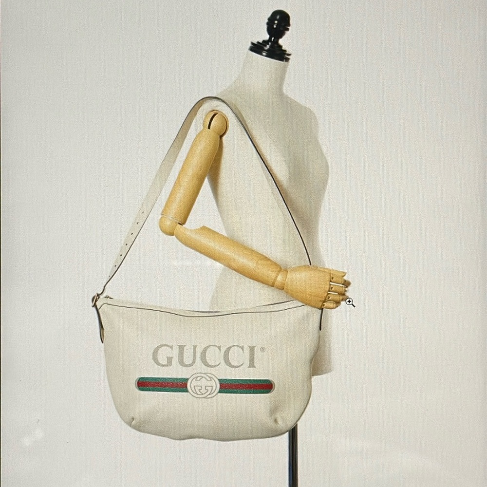 Gucci Grained Calfskin Leather Half Moon White Logo Shoulder Crossbody Bag